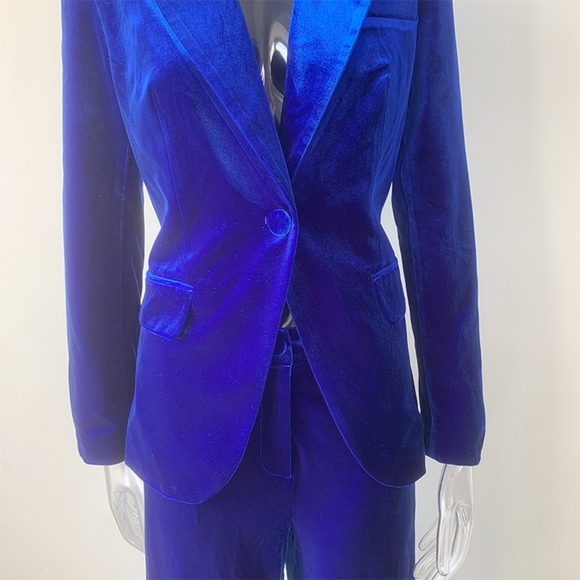 Blue NWT UNBRANDED Velvet Blazer And Wide Leg Pant Matching Set - Picture 3 of 16